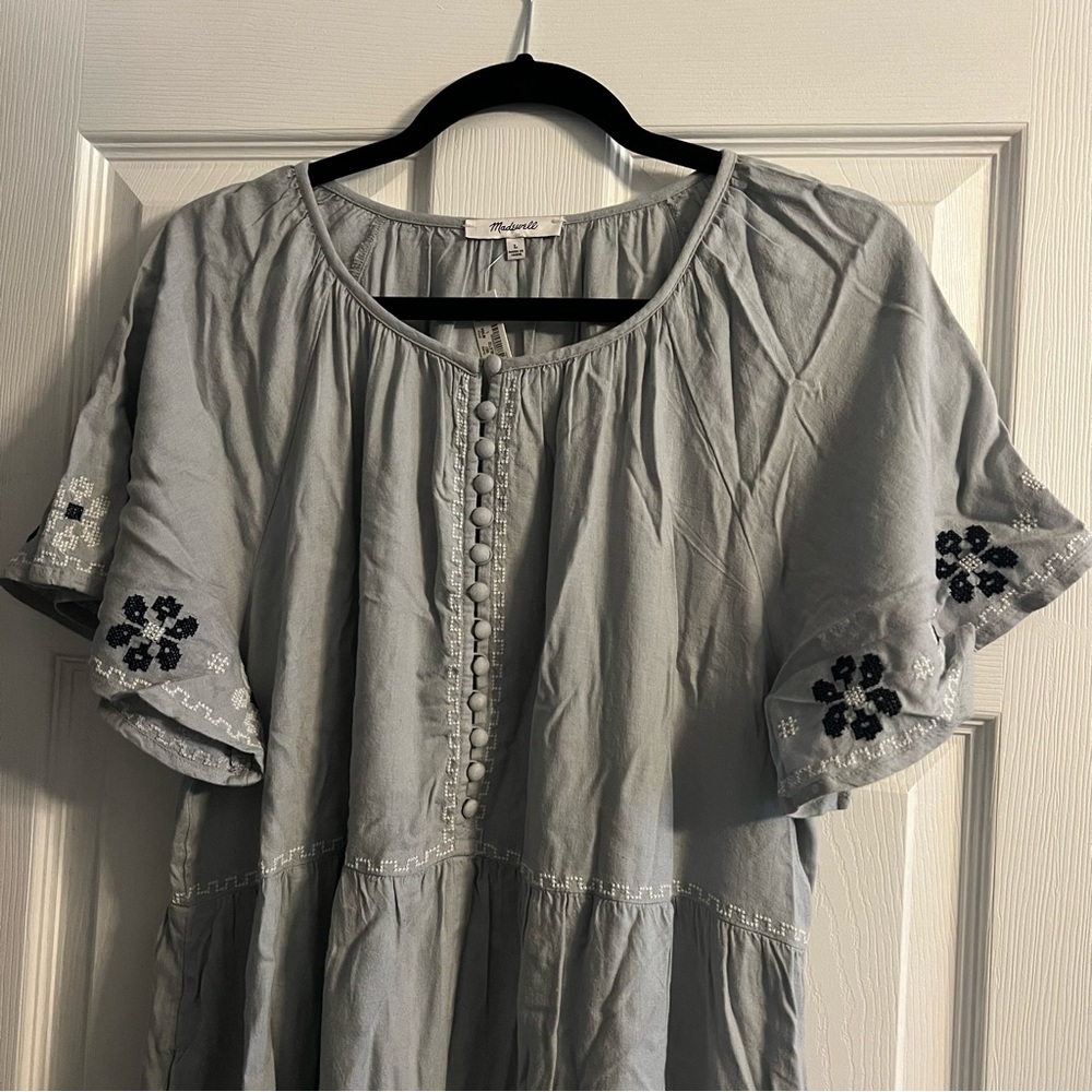 MADEWELL embroidered flutter-sleeve tiered midi dress